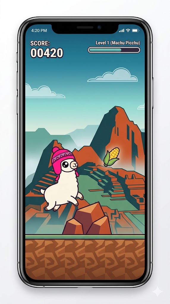 Llama Leap gameplay at Machu Picchu with the llama mid-jump