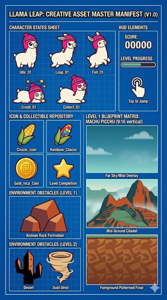 Llama Leap character state manifest: idle, leap, fall, crash, collect
