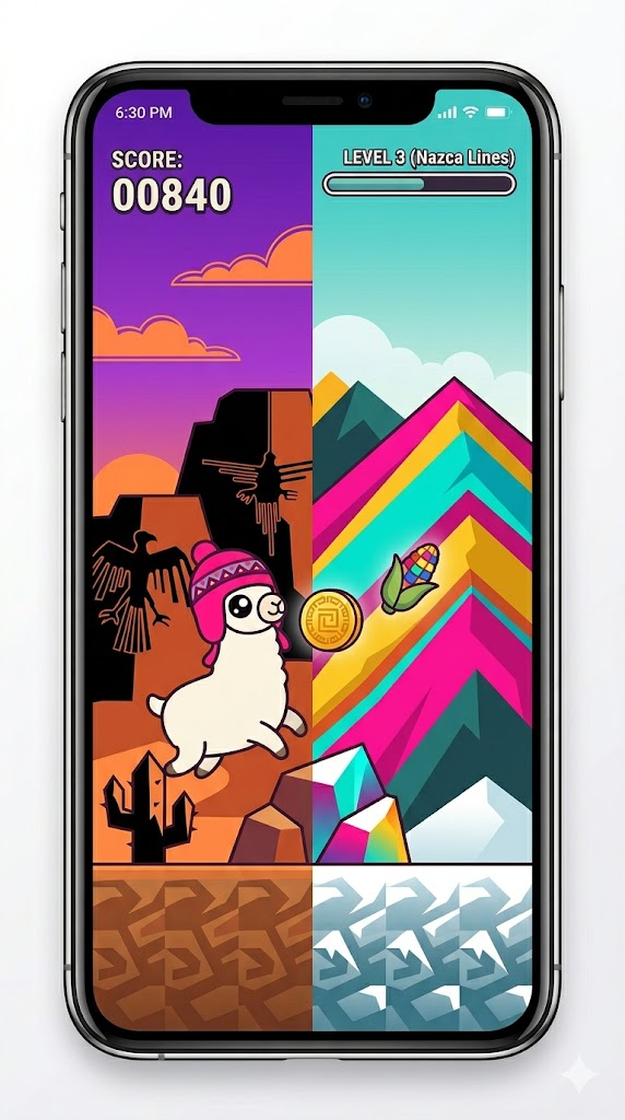 Llama Leap level 2 and 3 art: Nazca lines desert and Rainbow Mountain